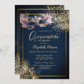 Invitation Masquerade Masque Glitter Navy Blue Quinceanera (Devant / Derrière)