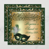 Invitation Masquerade Masque Gold & Green fête d'anniversaire (Devant / Derrière)