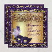 Invitation Masquerade Masque Gold & Purple Anniversaire (Devant / Derrière)