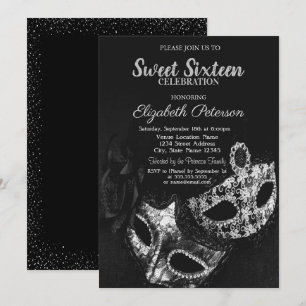 Invitation Masquerade,Masque,Noir,Confettis Gris Sweet 16