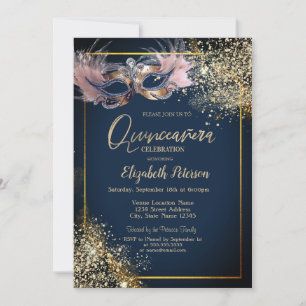 Invitation Masquerade Masque Paillettes Bleu Nuit Quinceanera