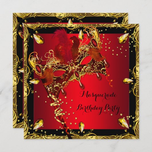 Invitation Masquerade Masque Rouge Gold fête d'anniversaire (Devant / Derrière)