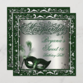 Invitation Masquerade Masque Silver & Green fête d'anniversai (Devant / Derrière)