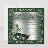 Invitation Masquerade Masque Silver & Green fête d'anniversai (Dos)
