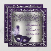 Invitation Masquerade Masque Silver & Purple Anniversaire (Devant / Derrière)