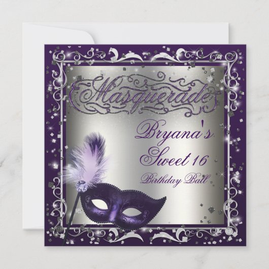 Invitation Masquerade Masque Silver & Purple Anniversaire (Devant)