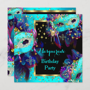 Invitation Masquerade Masqué Turquoise bleu rose fête d'anniv