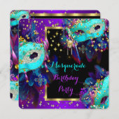 Invitation Masquerade Masqué Turquoise bleu violet fête d'ann (Devant / Derrière)