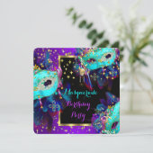 Invitation Masquerade Masqué Turquoise bleu violet fête d'ann (Debout devant)