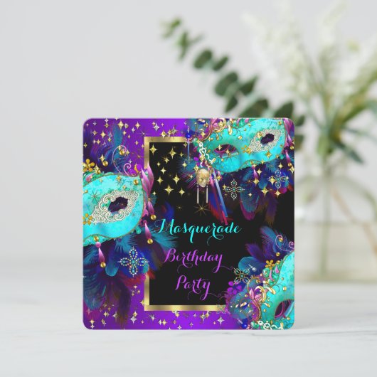 Invitation Masquerade Masqué Turquoise bleu violet fête d'ann (Debout devant)