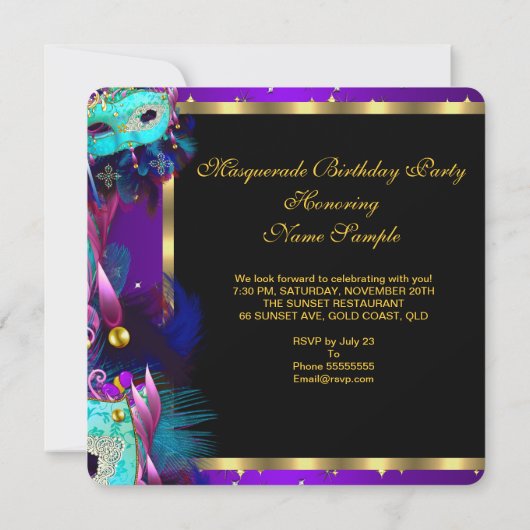 Invitation Masquerade Masqué Turquoise bleu violet fête d'ann (Dos)