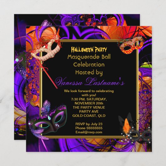 Invitation Masquerade Masquée Halloween violet orange parti (Devant / Derrière)