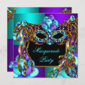 Invitation Masquerade Masques Purple Turquoise Bleu fête d'an (Devant / Derrière)