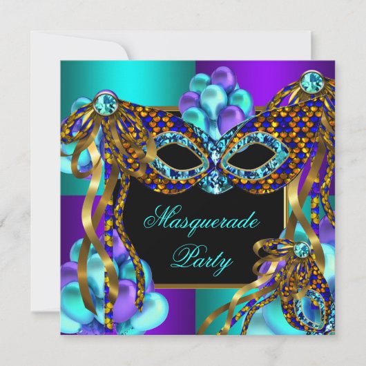 Invitation Masquerade Masques Purple Turquoise Bleu fête d'an (Devant)