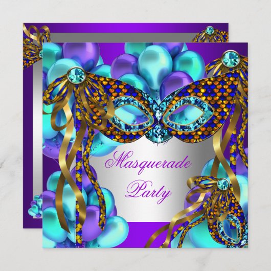 Invitation Masquerade Masques Purple Turquoise Bleu fête d'an (Devant / Derrière)