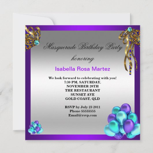 Invitation Masquerade Masques Purple Turquoise Bleu fête d'an (Dos)