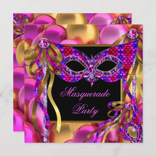Invitation Masquerade Masques Rose violet bleu Anniversaire (Devant / Derrière)