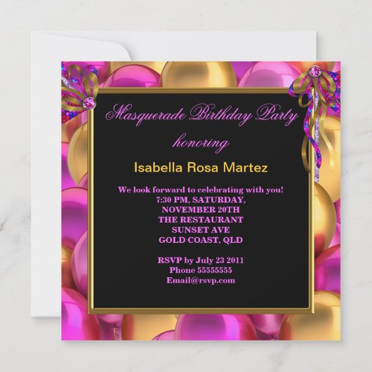 Invitation Masquerade Masques Rose violet bleu Anniversaire (Dos)