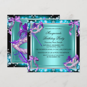 Invitation Masquerade Masques Violet Turquoise Fête d'anniver