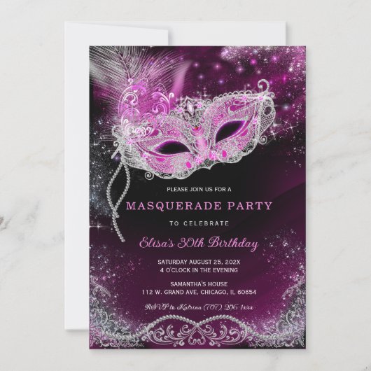 Invitation Masquerade modifiable noir et rose  (Devant)