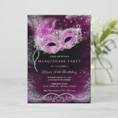 Invitation Masquerade Modifiable Noir et Rose Fête  (Debout devant)