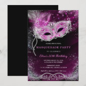 Invitation Masquerade Modifiable Noir et Rose Fête  (Devant / Derrière)