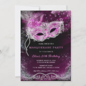 Invitation Masquerade modifiable Parti noir et rose (Devant)