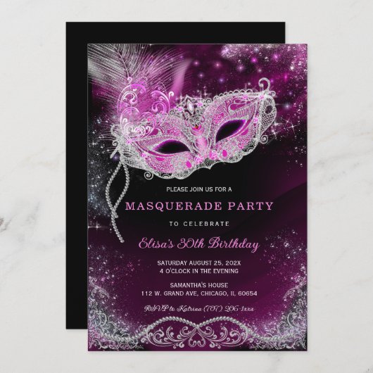 Invitation Masquerade modifiable Parti noir et rose (Devant / Derrière)
