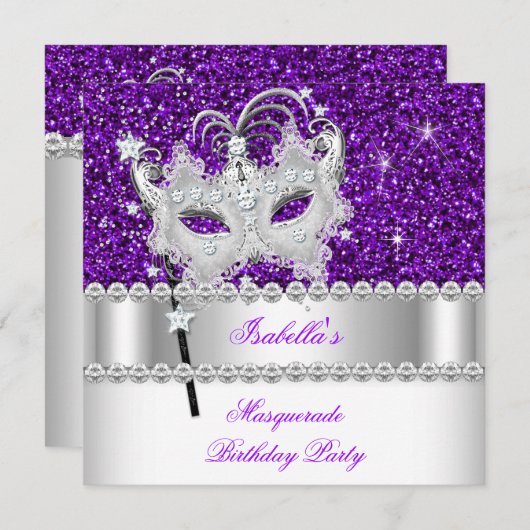 Invitation Masquerade Parties scintillant violet Diamant Masq (Devant / Derrière)
