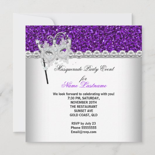 Invitation Masquerade Parties scintillant violet Diamant Masq (Dos)
