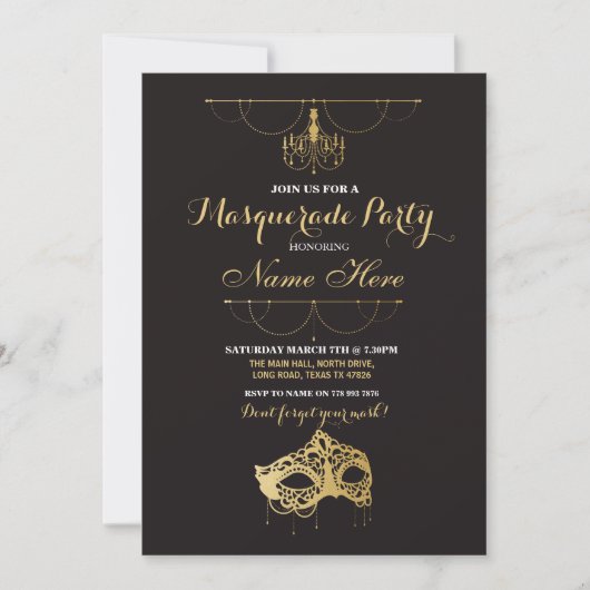 Invitation Masquerade Party Anniversaire Gold Mask (Devant)