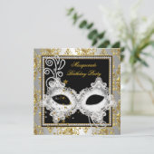 Invitation Masquerade Party Argent Or Damask Black Masque (Debout devant)