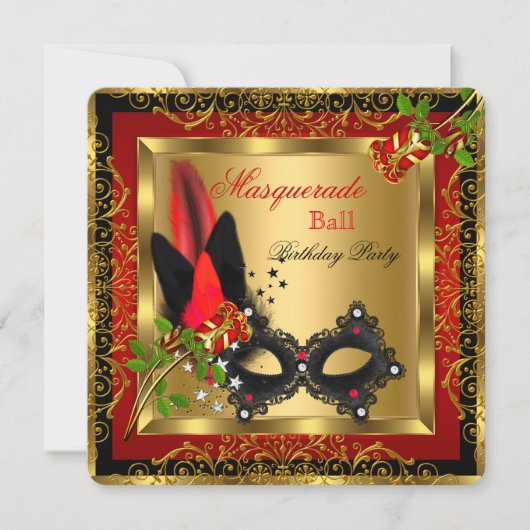 Invitation Masquerade Party Ball Gold Red Black Mask Rose (Devant)