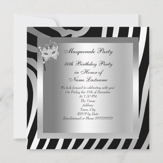 Invitation Masquerade Party Fabuleux 50 Zebra Silver (Dos)