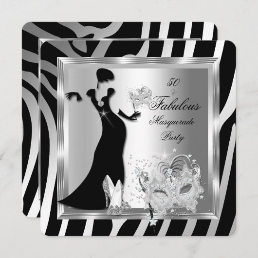 Invitation Masquerade Party Fabuleux 50 Zebra Silver Black (Devant / Derrière)