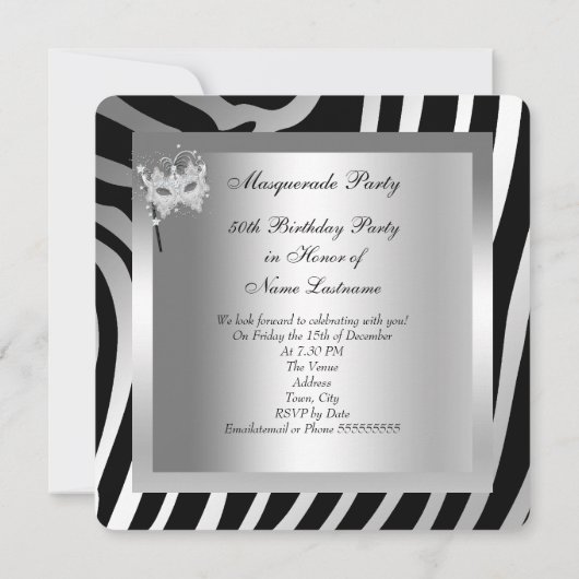 Invitation Masquerade Party Fabuleux 50 Zebra Silver Black (Dos)