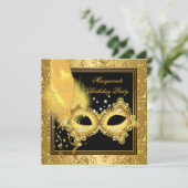 Invitation Masquerade Party Gold Damask Black Yellow Mask 2 (Debout devant)