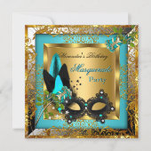 Invitation Masquerade Party Gold Turquoise Black Mask Rose (Devant)