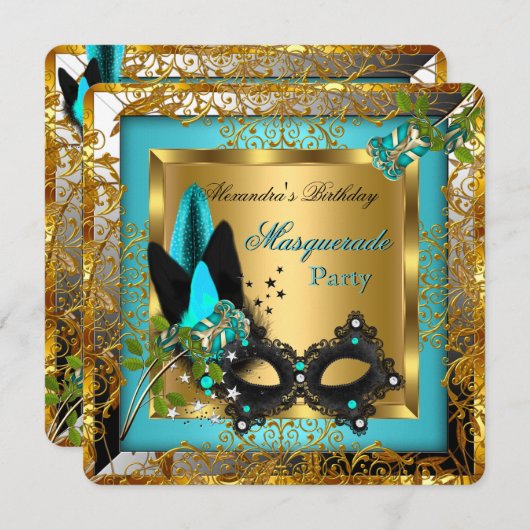 Invitation Masquerade Party Gold Turquoise Black Mask Rose R2 (Devant / Derrière)