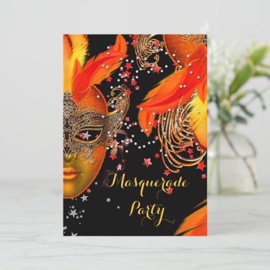 Invitation Masquerade Party or jaune orange noir masques (Debout devant)