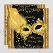 Invitation Masquerade Party or noir Masque jaune (Devant / Derrière)