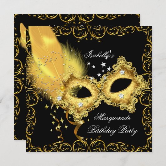 Invitation Masquerade Party or noir Masque jaune (Devant / Derrière)