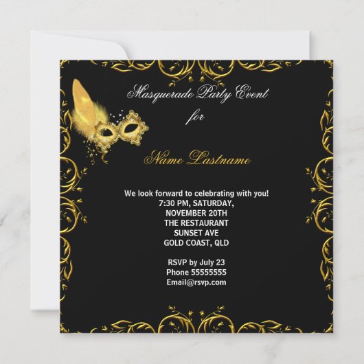 Invitation Masquerade Party or noir Masque jaune (Dos)