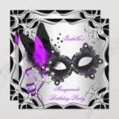 Invitation Masquerade Party Purple Silver Masque (Devant / Derrière)