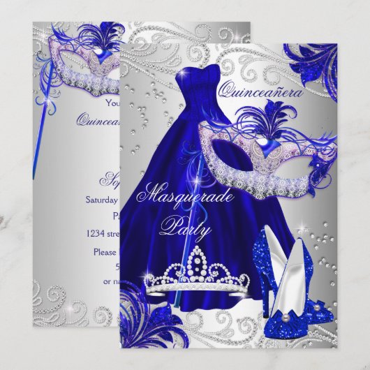 Invitation Masquerade Party Quinceanera bleu robe en argent (Devant / Derrière)