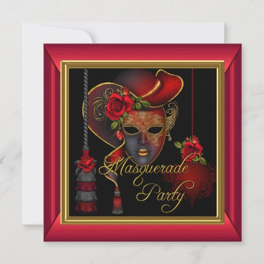 Invitation Masquerade Party Rouge Masques Or Noir Anniversair (Devant)