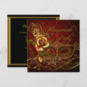 Invitation Masquerade Party Rouge Masques Or Noir Anniversair (Devant / Derrière)