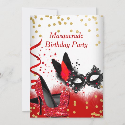 Invitation Masquerade Party Rouge talons Blanc Or noir Masque (Devant)