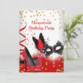 Invitation Masquerade Party Rouge talons Blanc Or noir Masque (Debout devant)