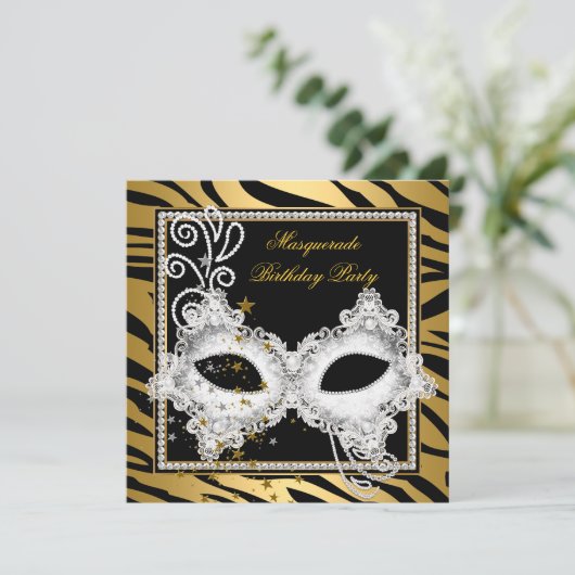 Invitation Masquerade Party Silver Gold Zebra Black Mask 3 (Debout devant)